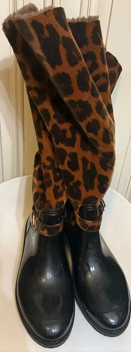 Bamboo Women's Leopard Print Mid-Calf Faux Fur Rain Boots Brown Black Size 8.5